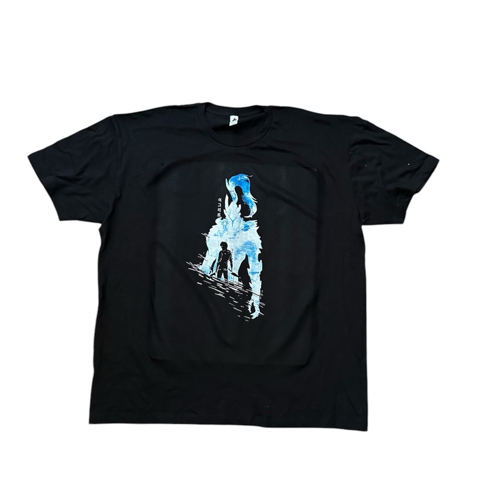 Black T-Shirt with Blue Graphic Igris, solo, Anime